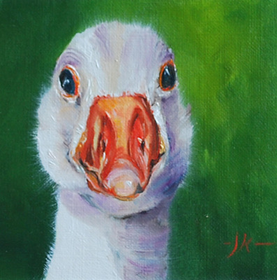 Olieverf schilderijtje Gans op paneel, Joke Klootwijk -Middelburg ook voor workshops